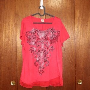 Red 90s Style Tee w/ Rhinestones & Sheer Lace Hem XXL 20